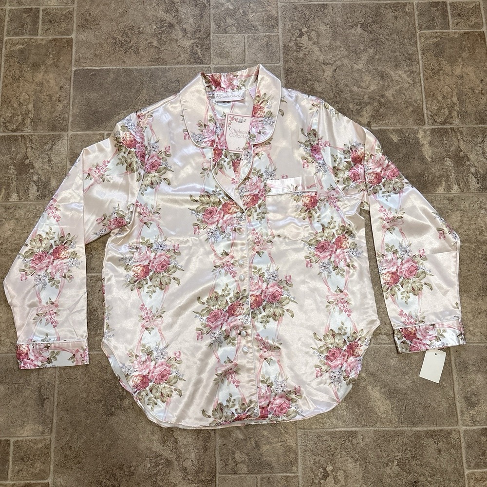 NWT Vtg Chelsea's Collection Satin Pajama Top S Rose Floral Romantic Shabby Chic